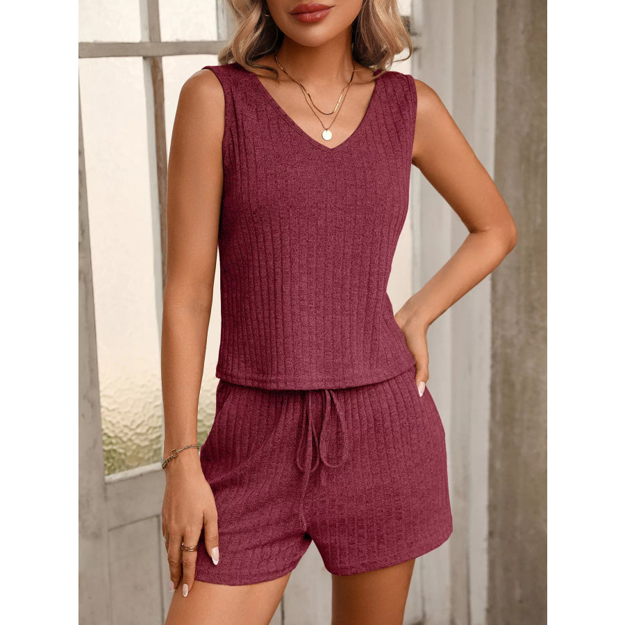 Ribbed Knit Tank and Shorts Set Burgundy / S Apparel and Accessories