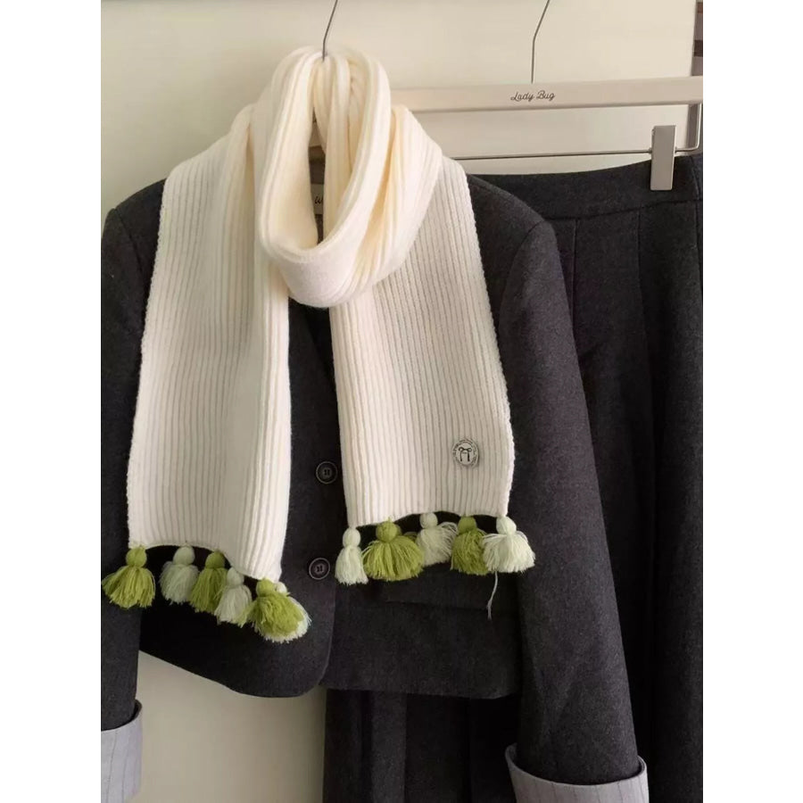 Ribbed Knit Tassel Scarf Cream / One Size Apparel and Accessories