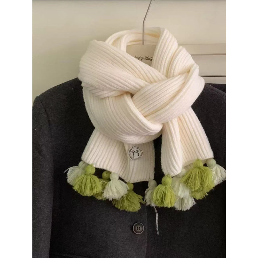 Ribbed Knit Tassel Scarf Cream / One Size Apparel and Accessories