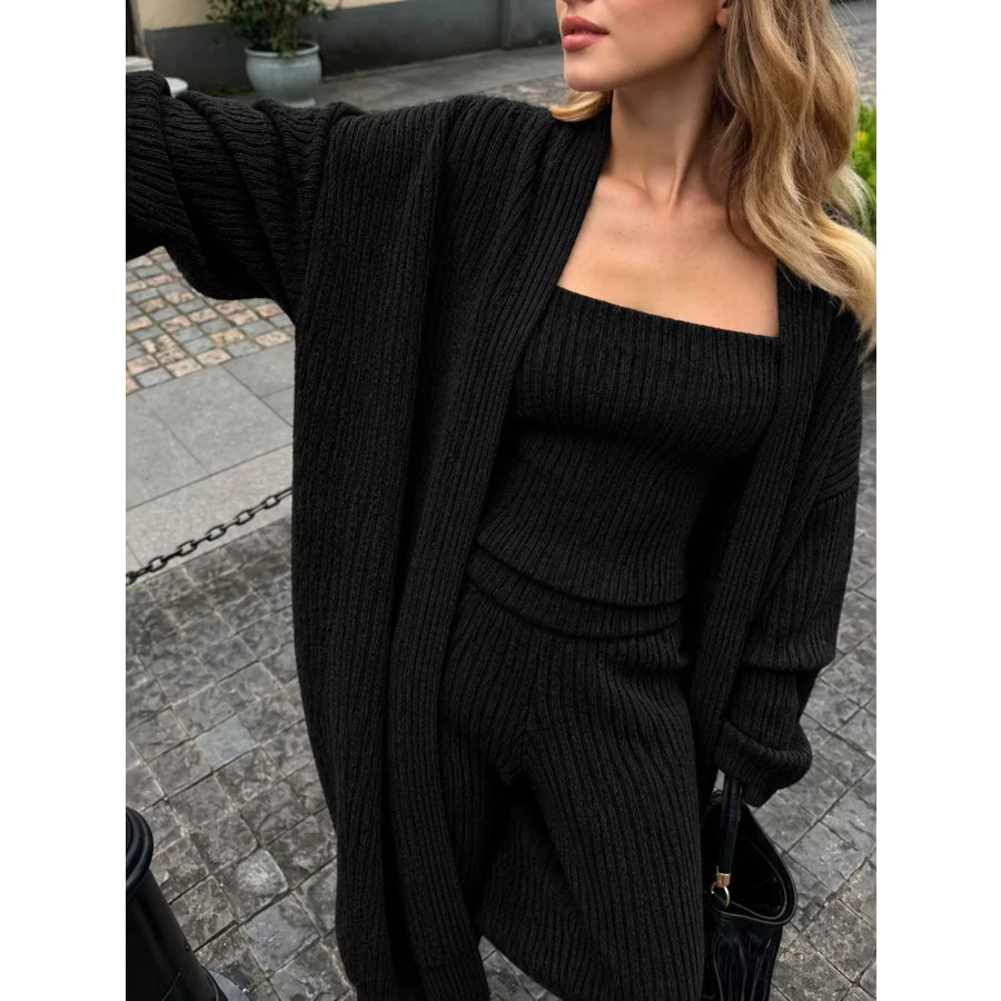 Ribbed Knit Three-Piece Sweater Set Black / S Apparel and Accessories