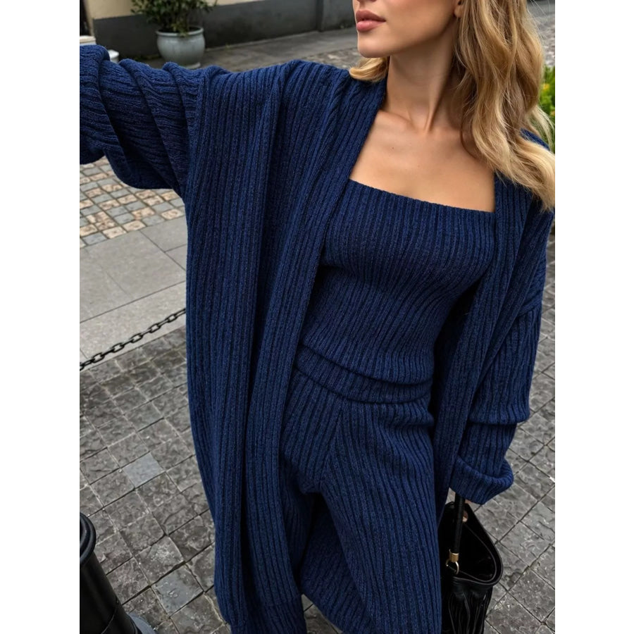 Ribbed Knit Three-Piece Sweater Set Navy / S Apparel and Accessories