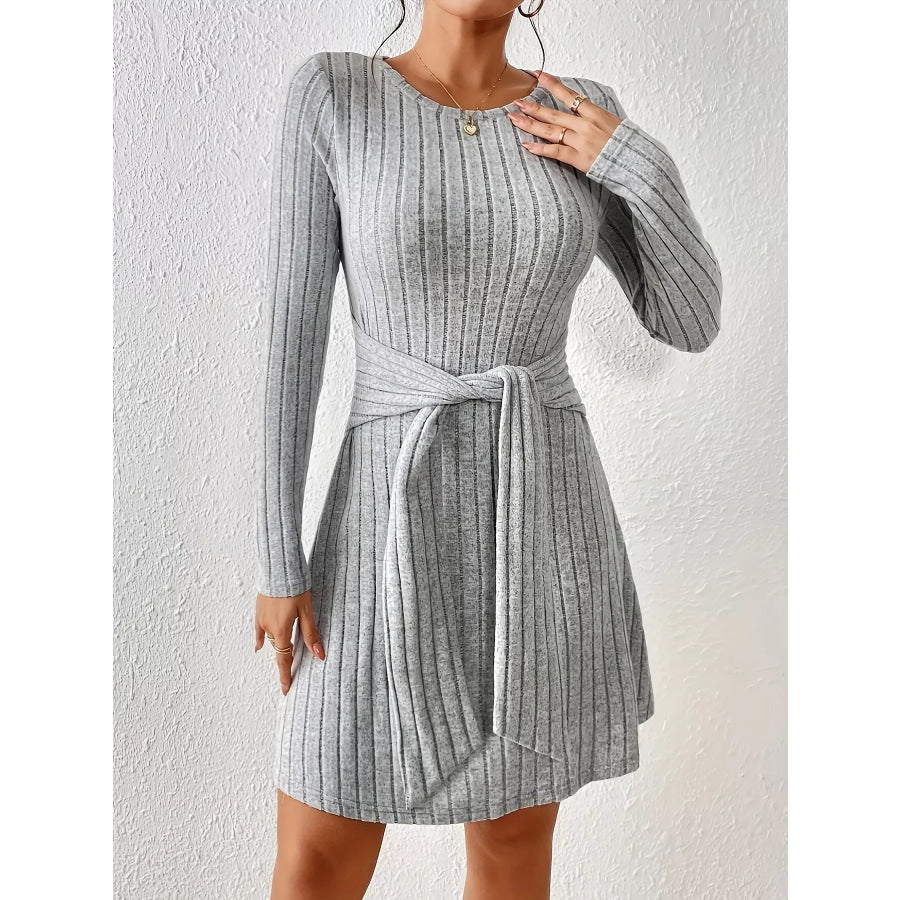 Ribbed Knit Tie Waist Long Sleeve Casual Dress Apparel and Accessories