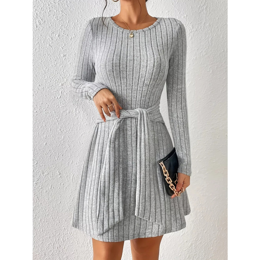 Ribbed Knit Tie Waist Long Sleeve Casual Dress Apparel and Accessories