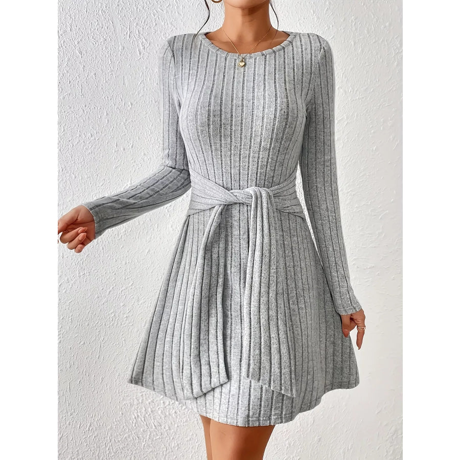 Ribbed Knit Tie Waist Long Sleeve Casual Dress Gray / S Apparel and Accessories
