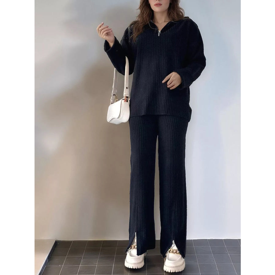 Ribbed Knit Top and Pants Set Black / S Apparel and Accessories
