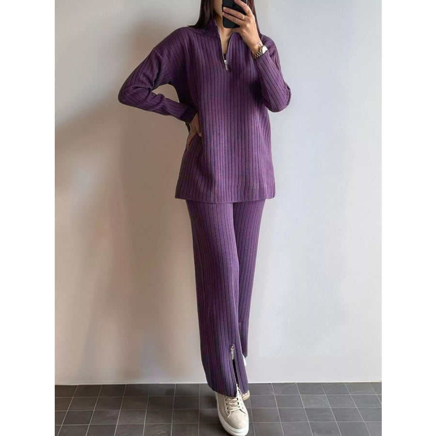 Ribbed Knit Top and Pants Set Purple / S Apparel and Accessories