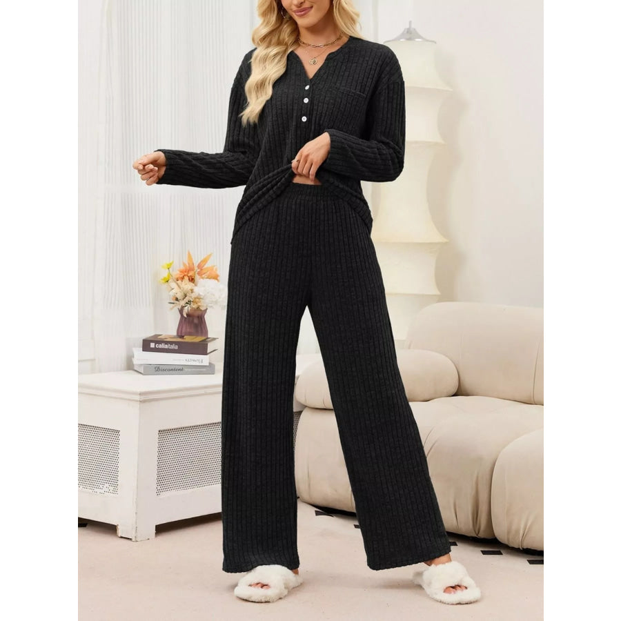 Ribbed Knit Top and Wide-Leg Pants Set Apparel and Accessories