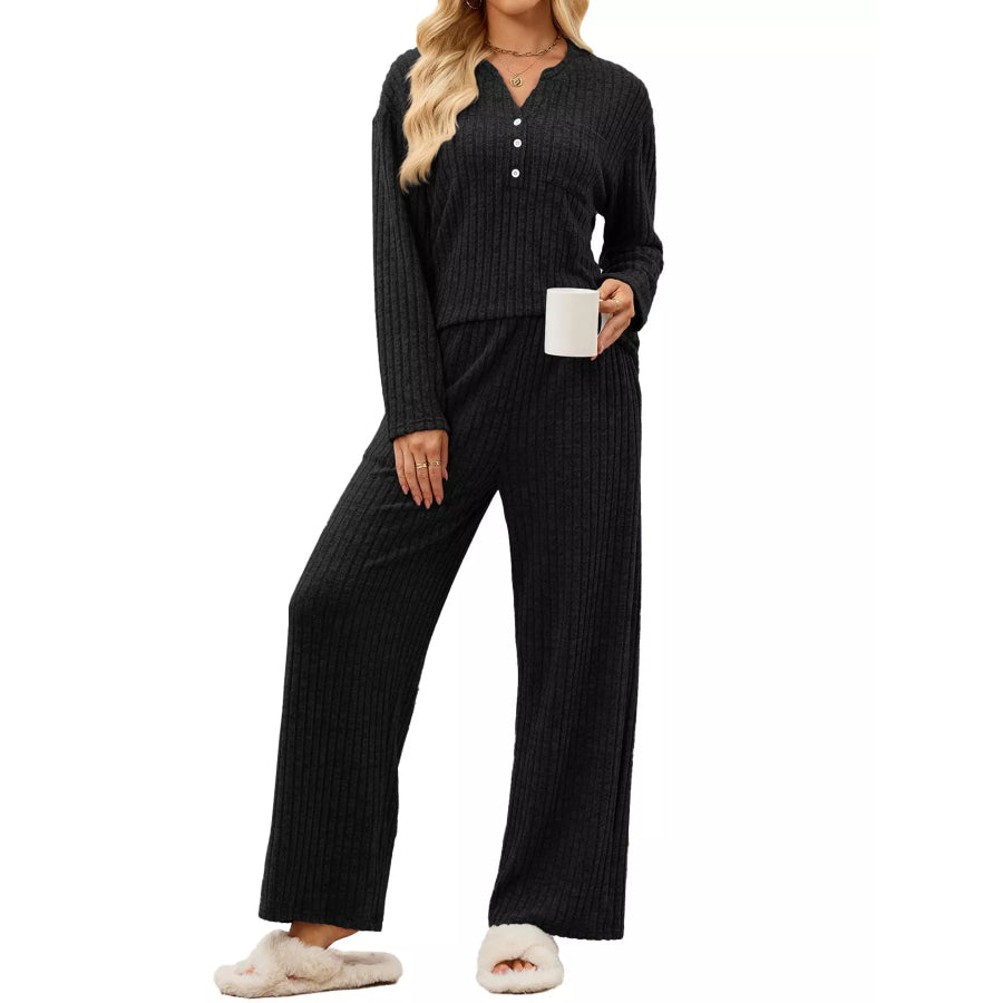 Ribbed Knit Top and Wide-Leg Pants Set Black / S Apparel and Accessories