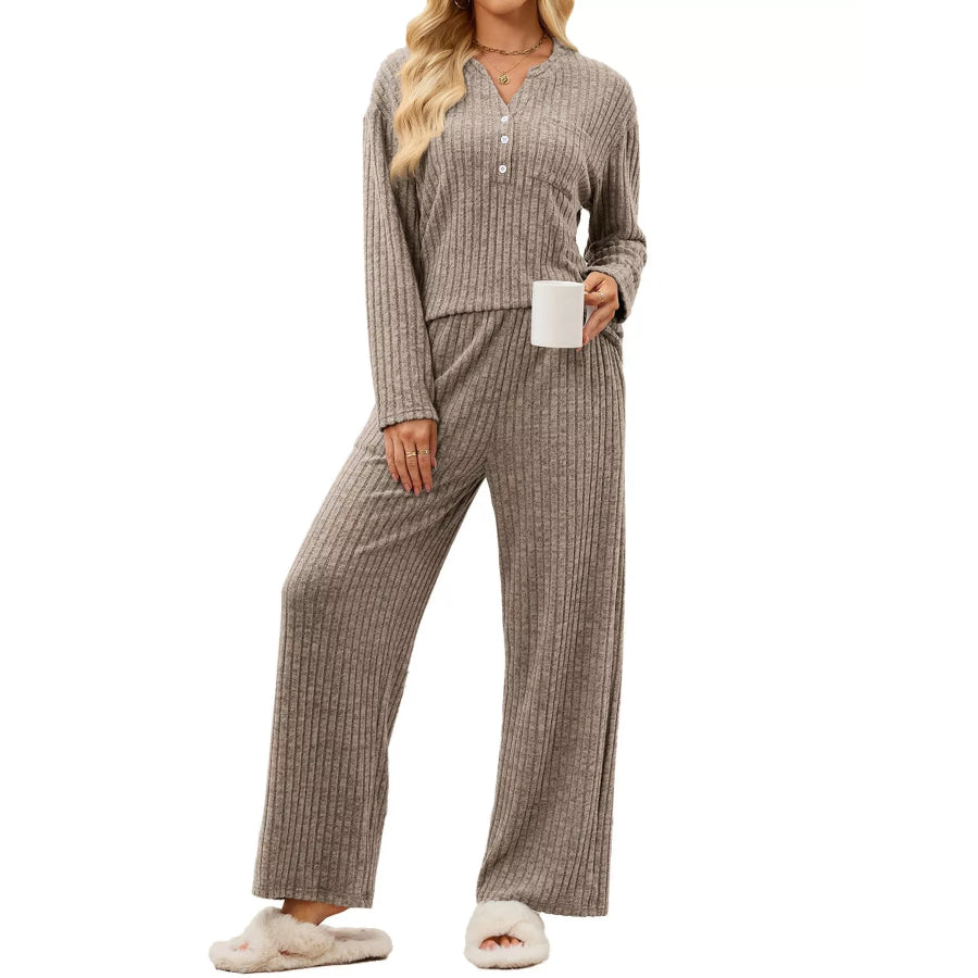 Ribbed Knit Top and Wide-Leg Pants Set Khaki / S Apparel and Accessories