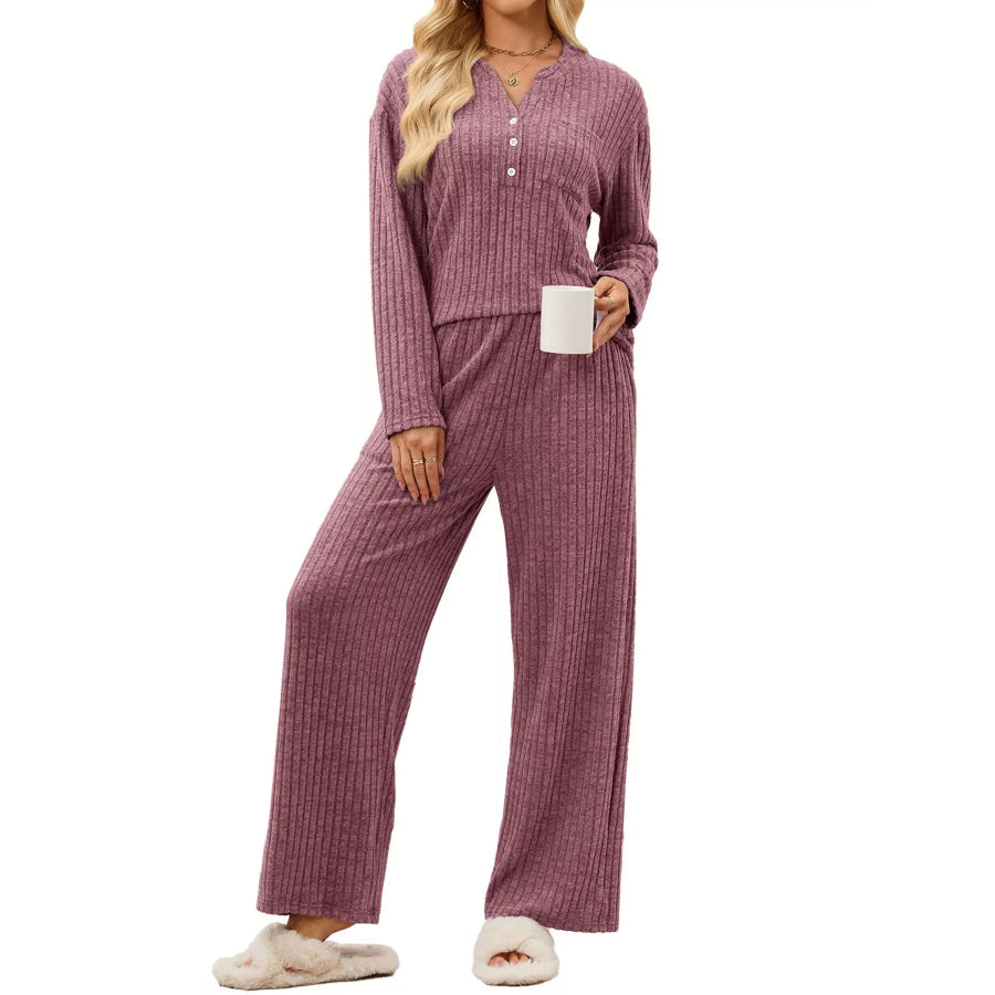 Ribbed Knit Top and Wide-Leg Pants Set Mauve / S Apparel and Accessories