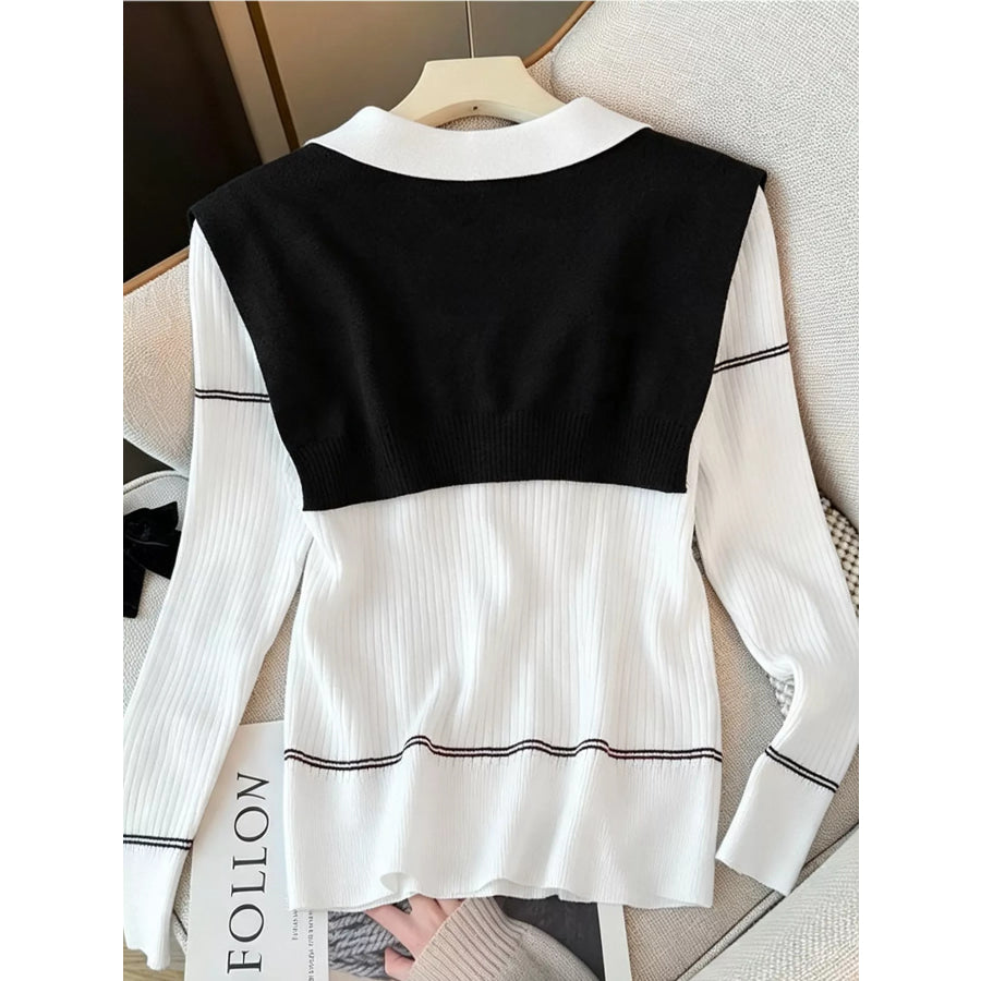 Ribbed Knit Top with Contrast Shawl Apparel and Accessories
