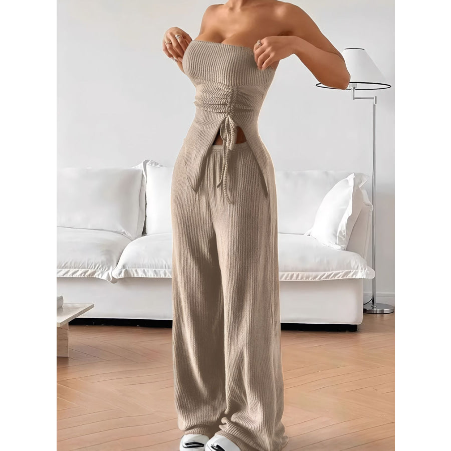 Ribbed Knit Tube Top and Wide Leg Pants Set Apparel and Accessories