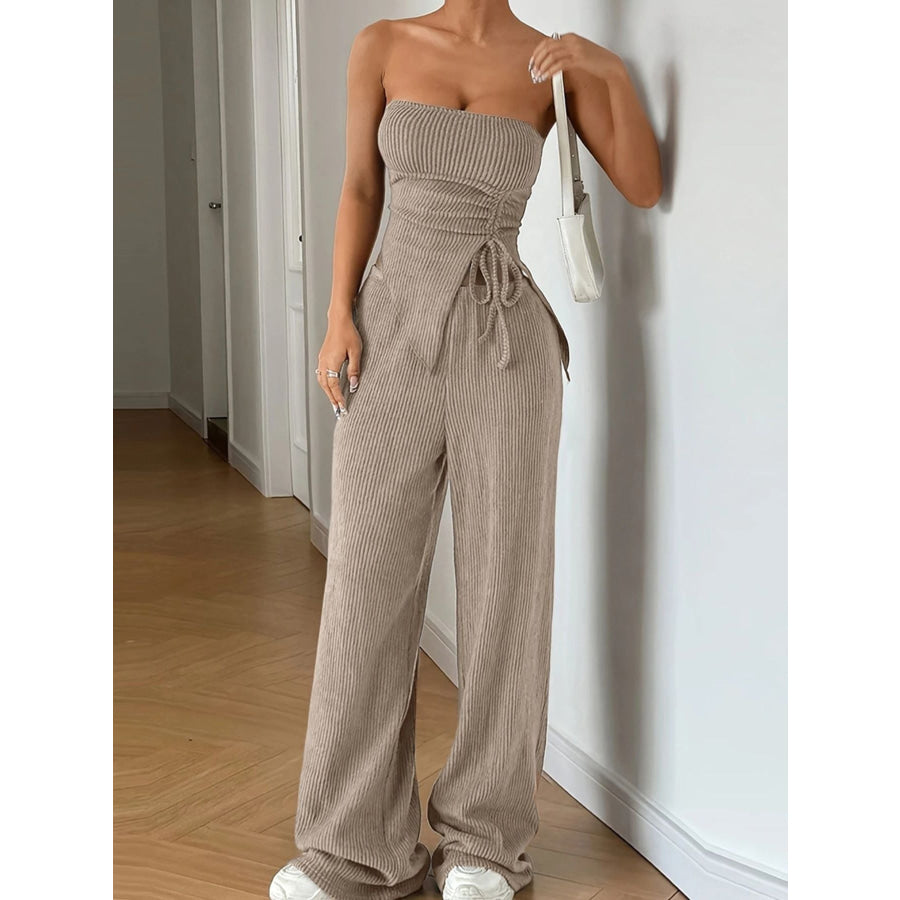 Ribbed Knit Tube Top and Wide Leg Pants Set Khaki / S Apparel and Accessories