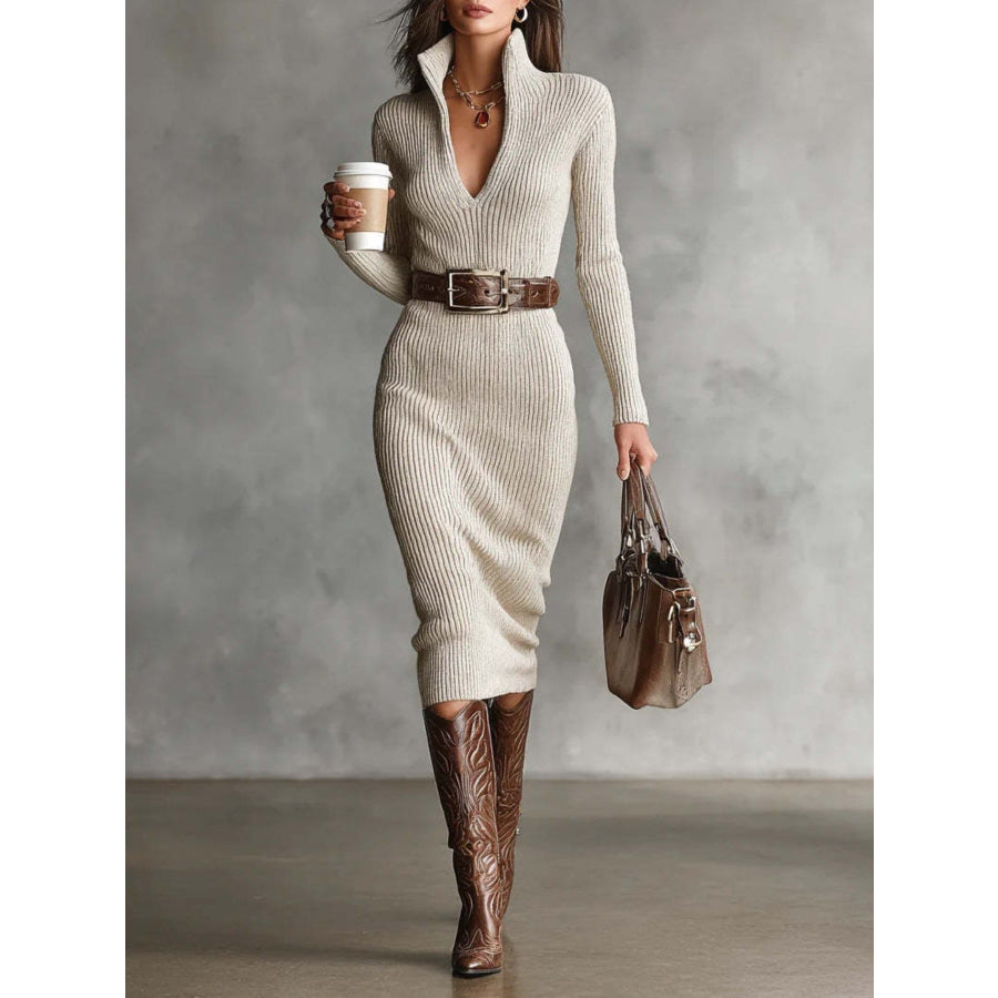 Ribbed Knit Turtleneck Bodycon Sweater Dress Beige / S Apparel and Accessories