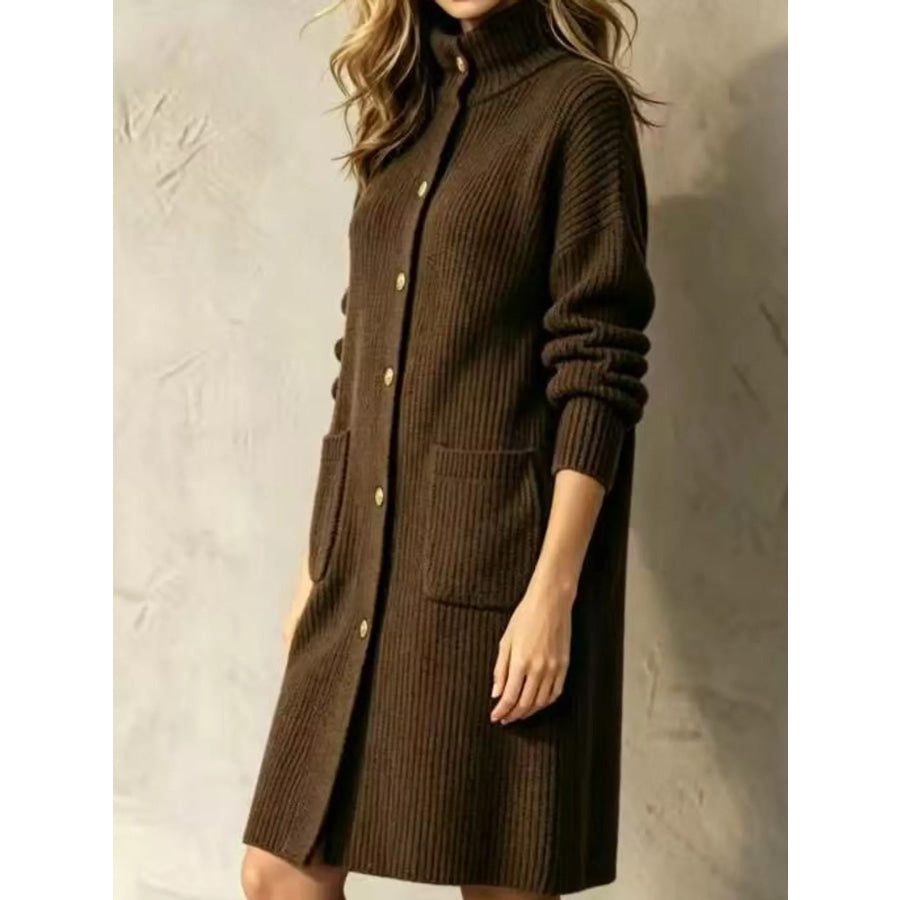 Ribbed Knit Turtleneck Button Up Longline Cardigan Apparel and Accessories