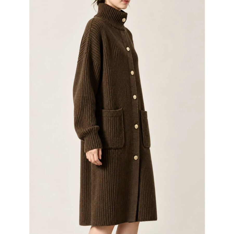 Ribbed Knit Turtleneck Button Up Longline Cardigan Apparel and Accessories