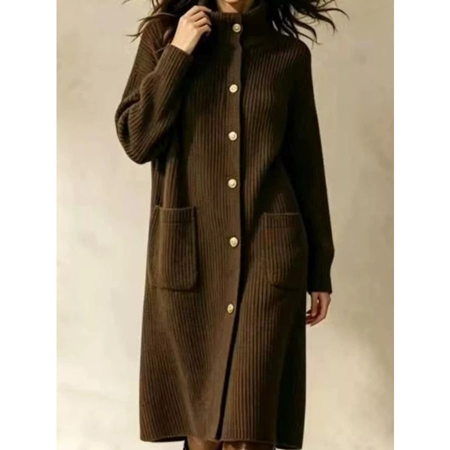 Ribbed Knit Turtleneck Button Up Longline Cardigan Apparel and Accessories
