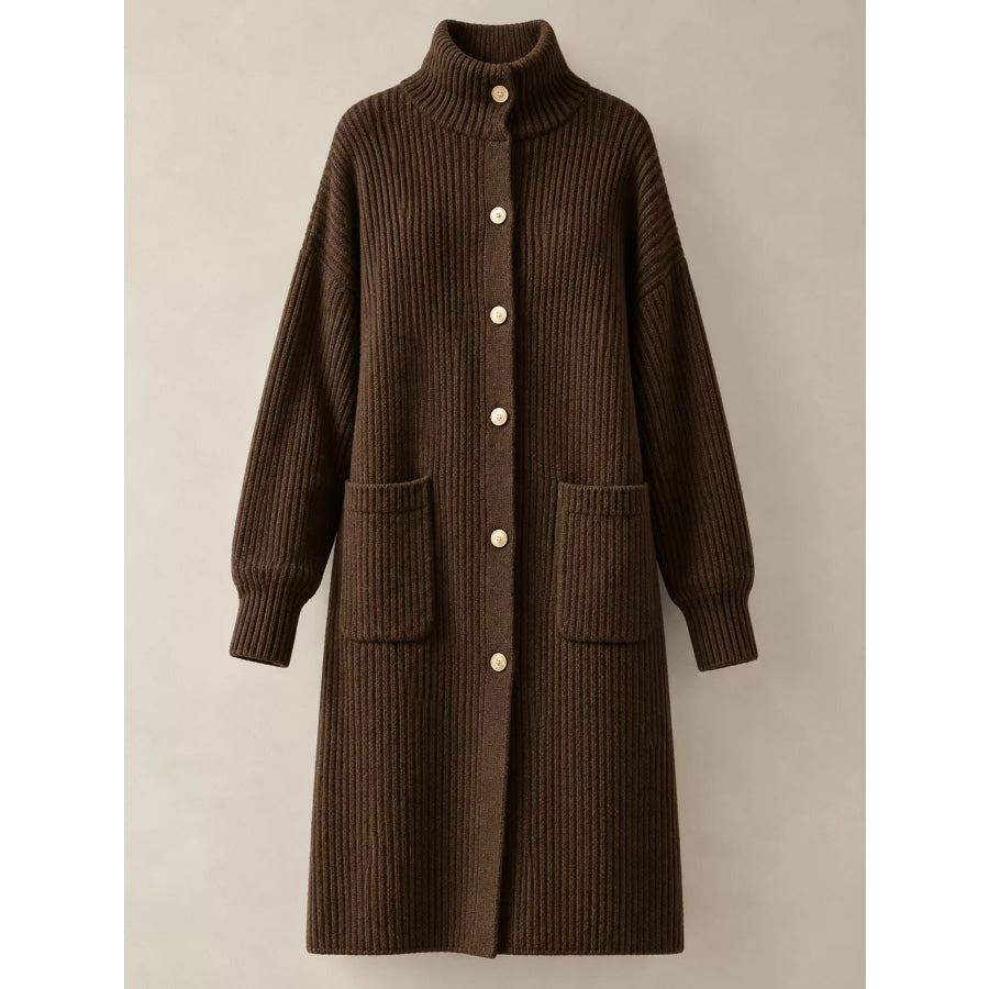 Ribbed Knit Turtleneck Button Up Longline Cardigan Apparel and Accessories