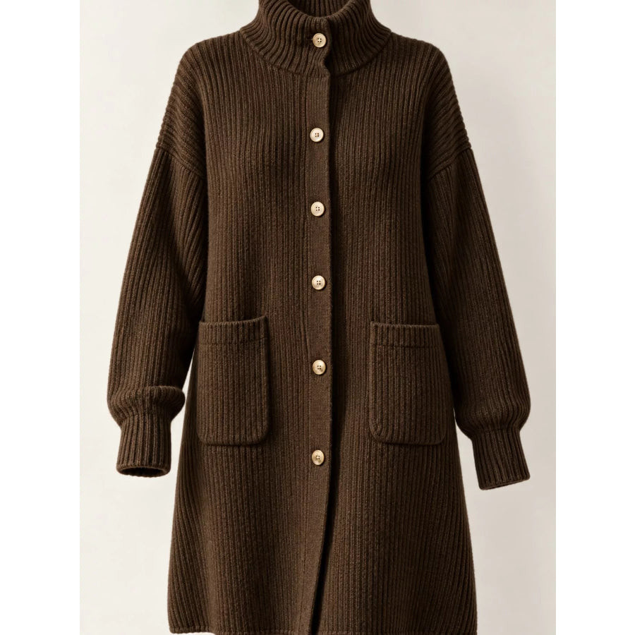 Ribbed Knit Turtleneck Button Up Longline Cardigan Apparel and Accessories