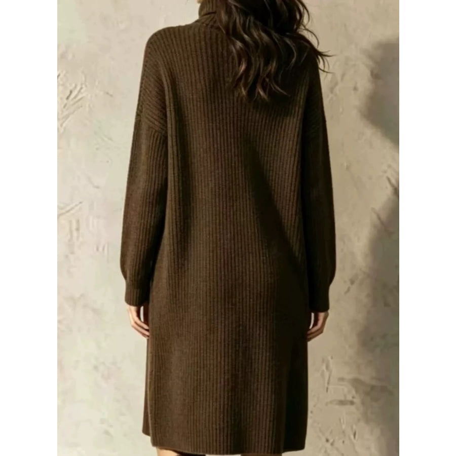 Ribbed Knit Turtleneck Button Up Longline Cardigan Apparel and Accessories