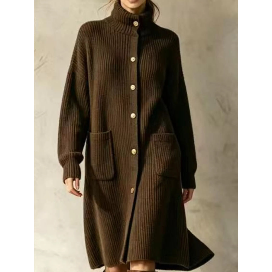 Ribbed Knit Turtleneck Button Up Longline Cardigan Dark Brown / S Apparel and Accessories