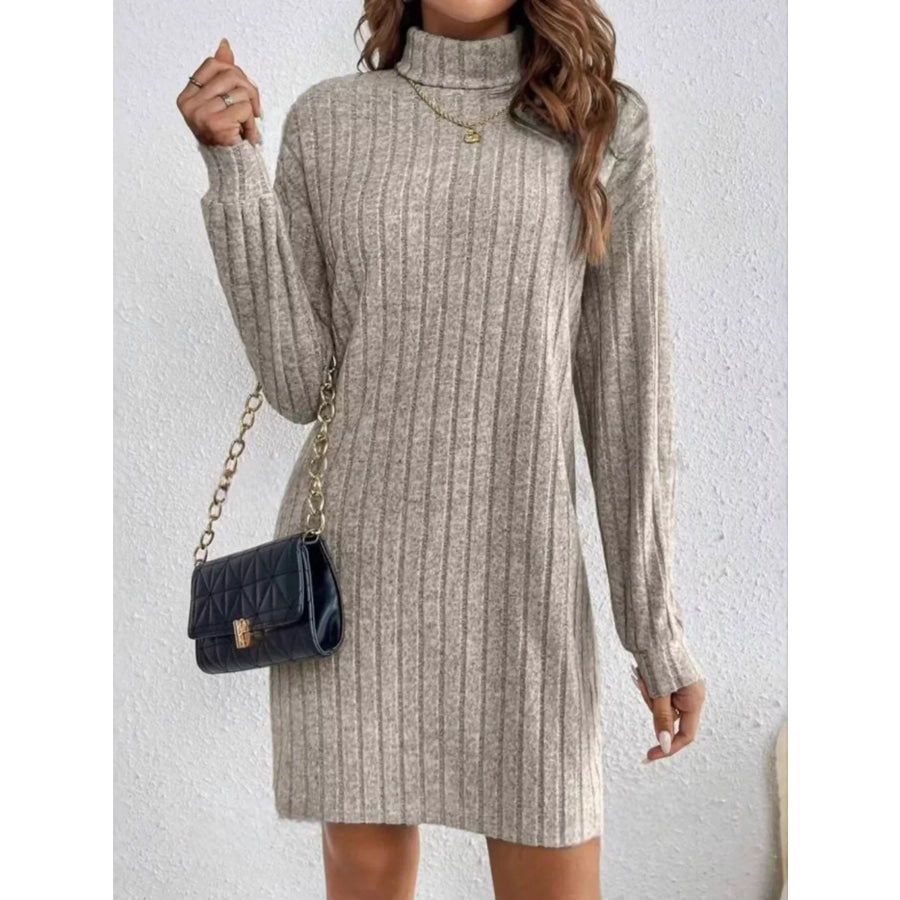 Ribbed Knit Turtleneck Mini Dress Apricot / S Apparel and Accessories