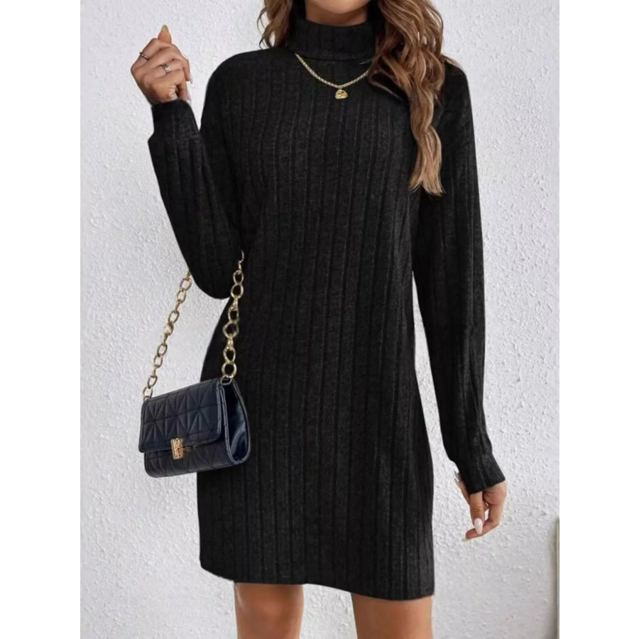 Ribbed Knit Turtleneck Mini Dress Black / S Apparel and Accessories