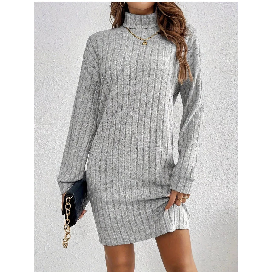 Ribbed Knit Turtleneck Mini Dress Light Gray / S Apparel and Accessories
