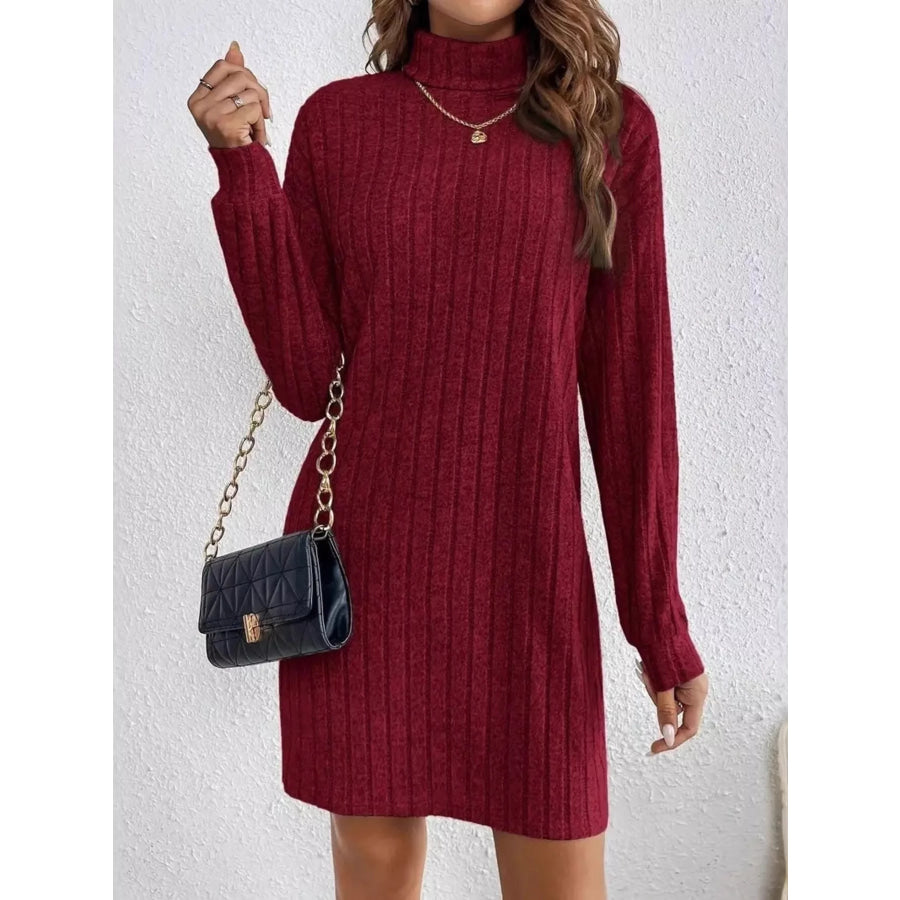 Ribbed Knit Turtleneck Mini Dress Wine Red / S Apparel and Accessories