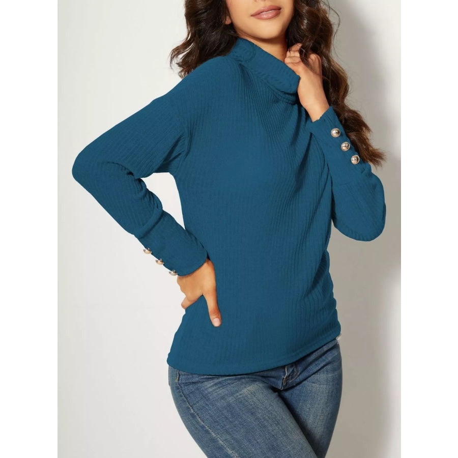 Ribbed Knit Turtleneck Sweater Blue / S Apparel and Accessories