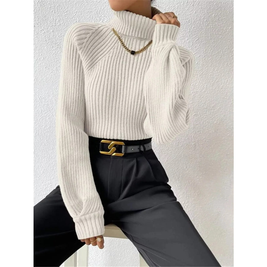 Ribbed Knit Turtleneck Sweater White / S Apparel and Accessories