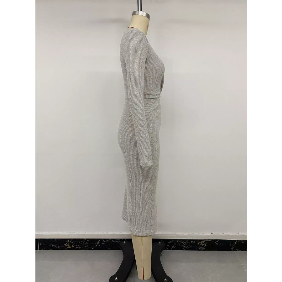 Ribbed Knit Twist Front Long Sleeve Midi Dress with Slit Apparel and Accessories