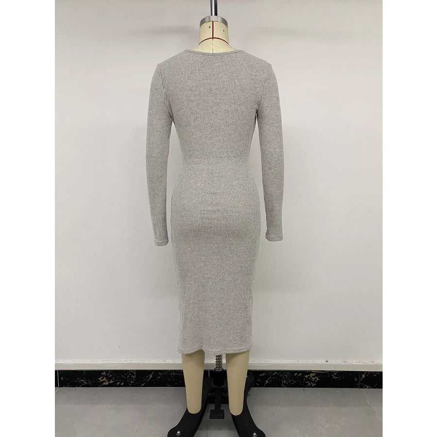 Ribbed Knit Twist Front Long Sleeve Midi Dress with Slit Apparel and Accessories