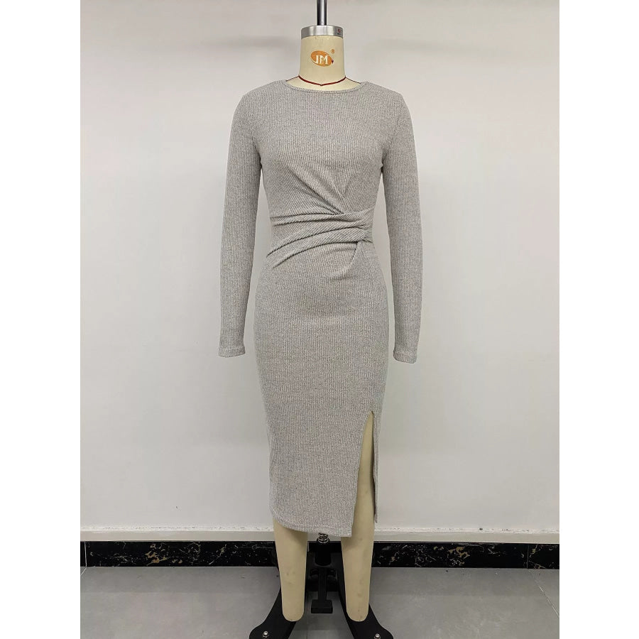Ribbed Knit Twist Front Long Sleeve Midi Dress with Slit Apparel and Accessories