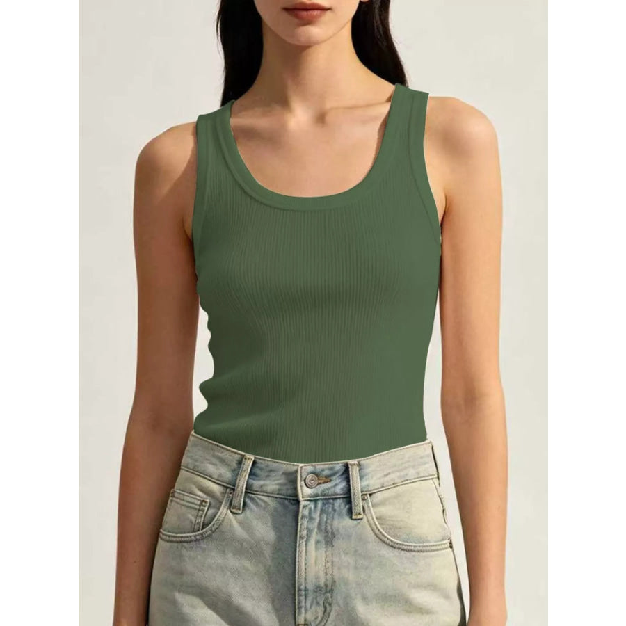 Ribbed Knit U-Neck Tank Green / S Apparel and Accessories