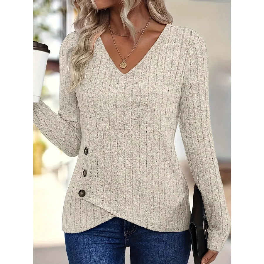 Ribbed Knit V-Neck Long Sleeve T-Shirt Apparel and Accessories