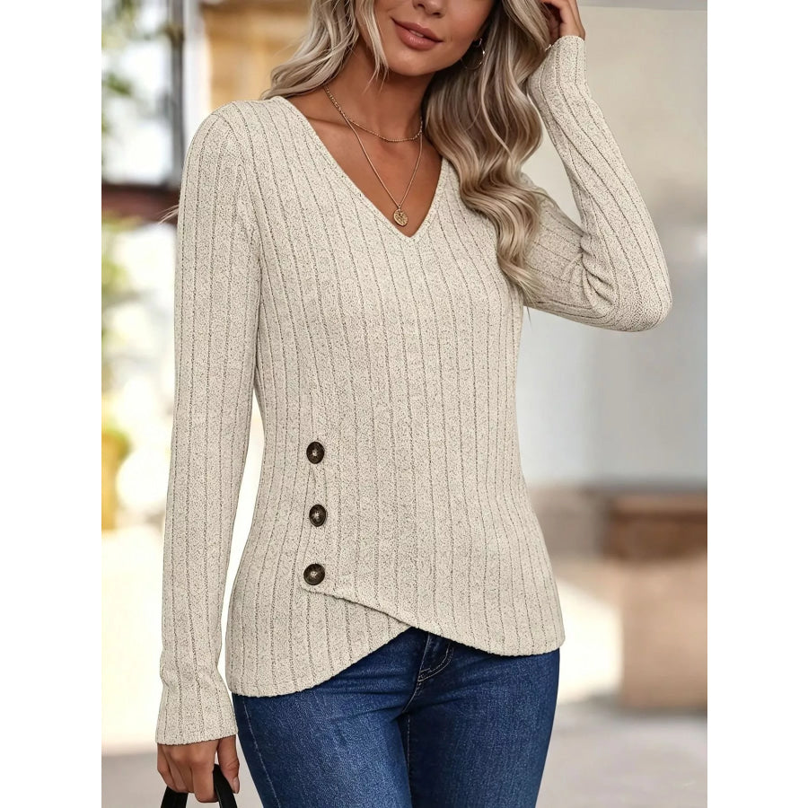 Ribbed Knit V-Neck Long Sleeve T-Shirt Apparel and Accessories