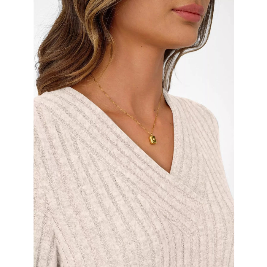Ribbed Knit V-Neck Long Sleeve T-Shirt Apparel and Accessories