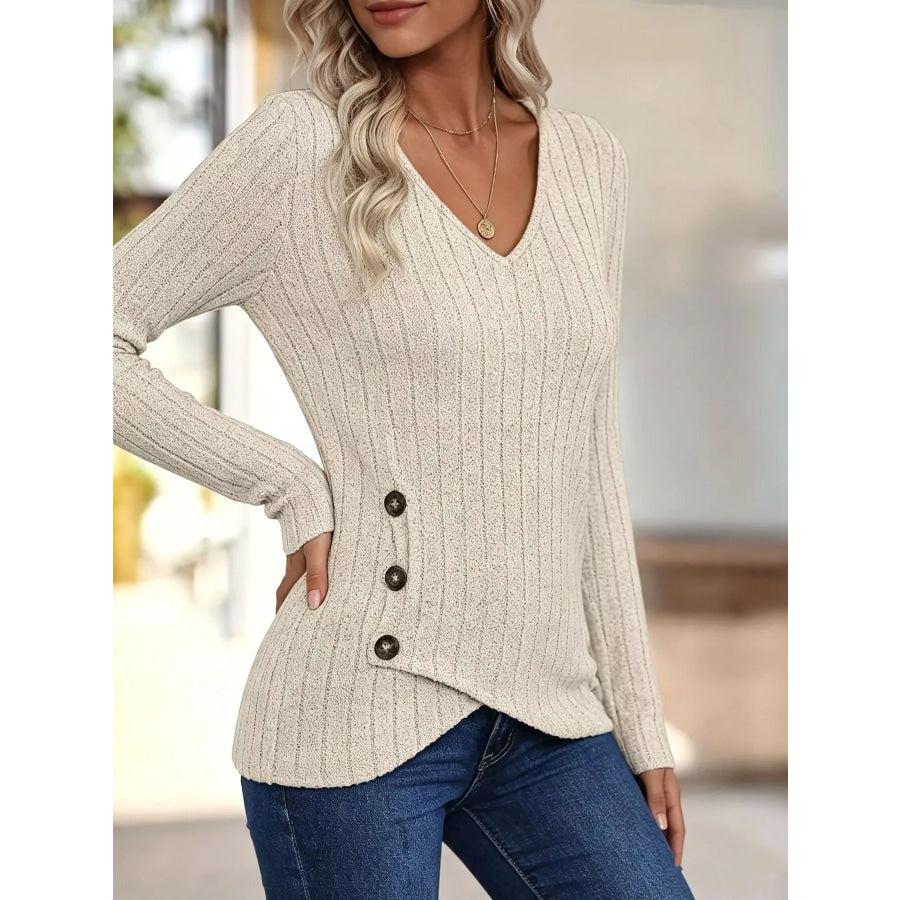 Ribbed Knit V-Neck Long Sleeve T-Shirt Apparel and Accessories