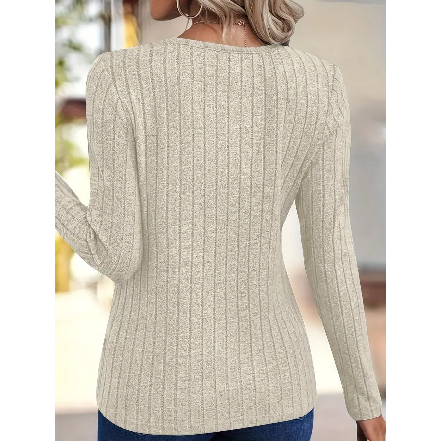 Ribbed Knit V-Neck Long Sleeve T-Shirt Apparel and Accessories