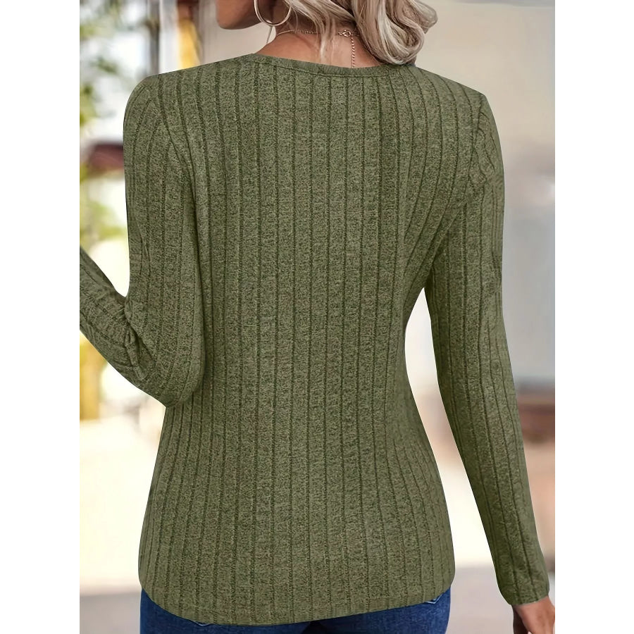 Ribbed Knit V-Neck Long Sleeve T-Shirt Apparel and Accessories