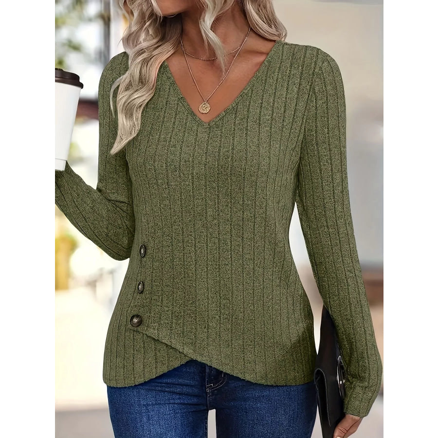 Ribbed Knit V-Neck Long Sleeve T-Shirt Army Green / XS Apparel and Accessories