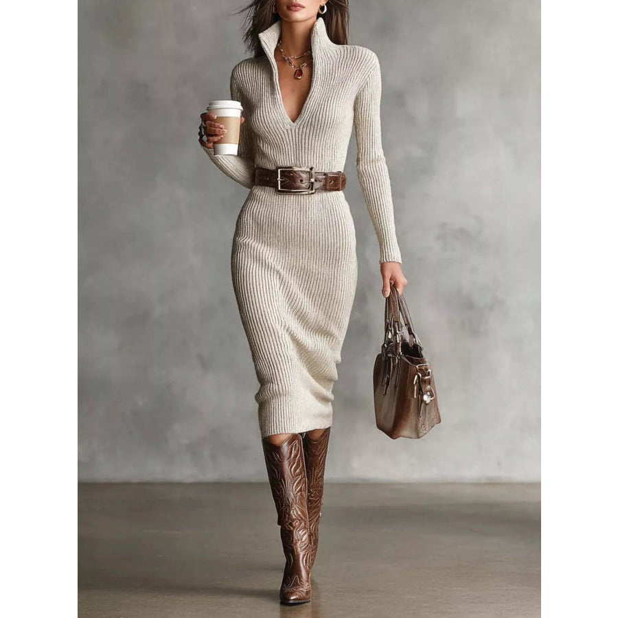 Ribbed Knit V-Neck Sweater Dress Beige / S