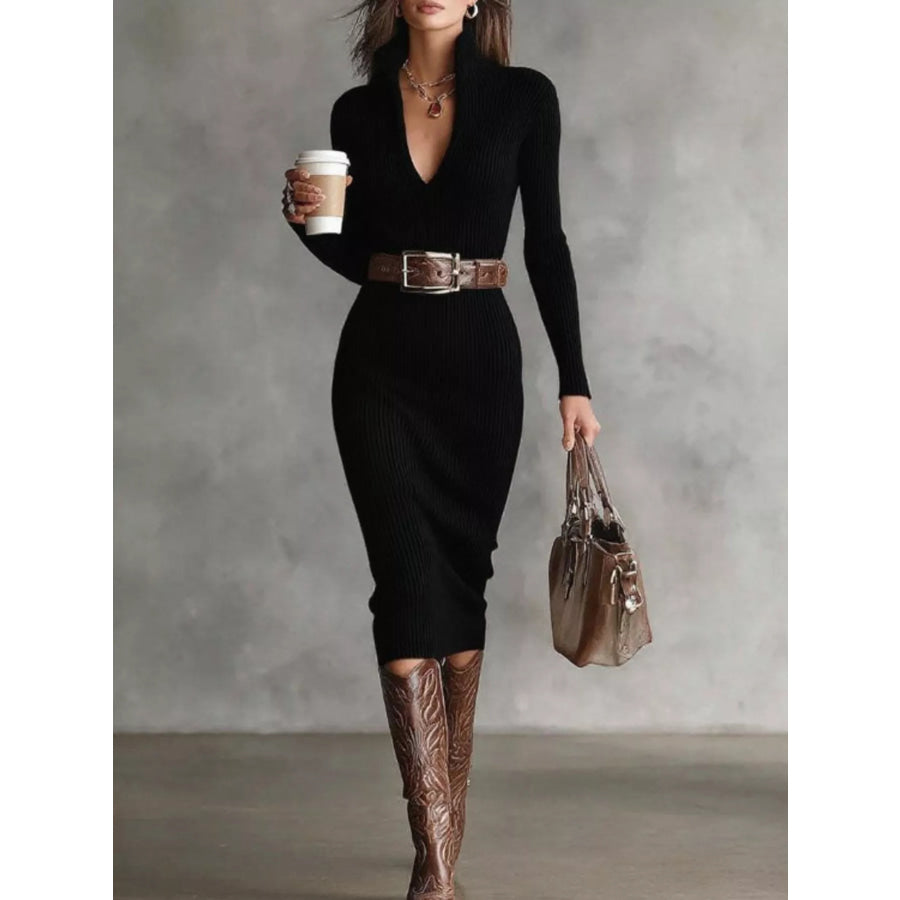 Ribbed Knit V-Neck Sweater Dress Black / S