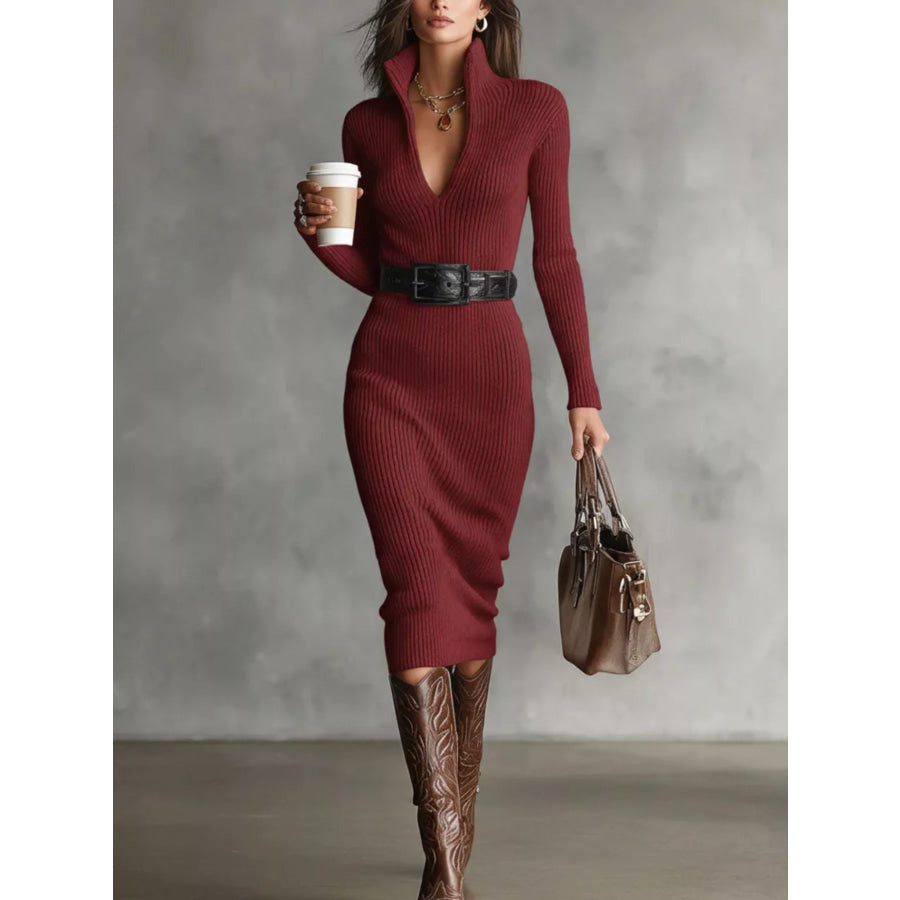 Ribbed Knit V-Neck Sweater Dress Burgundy / S