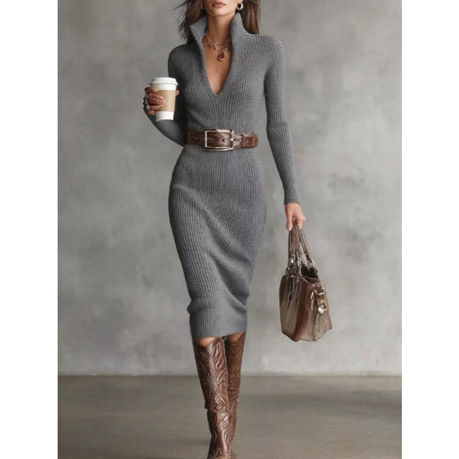 Ribbed Knit V-Neck Sweater Dress Gray / S