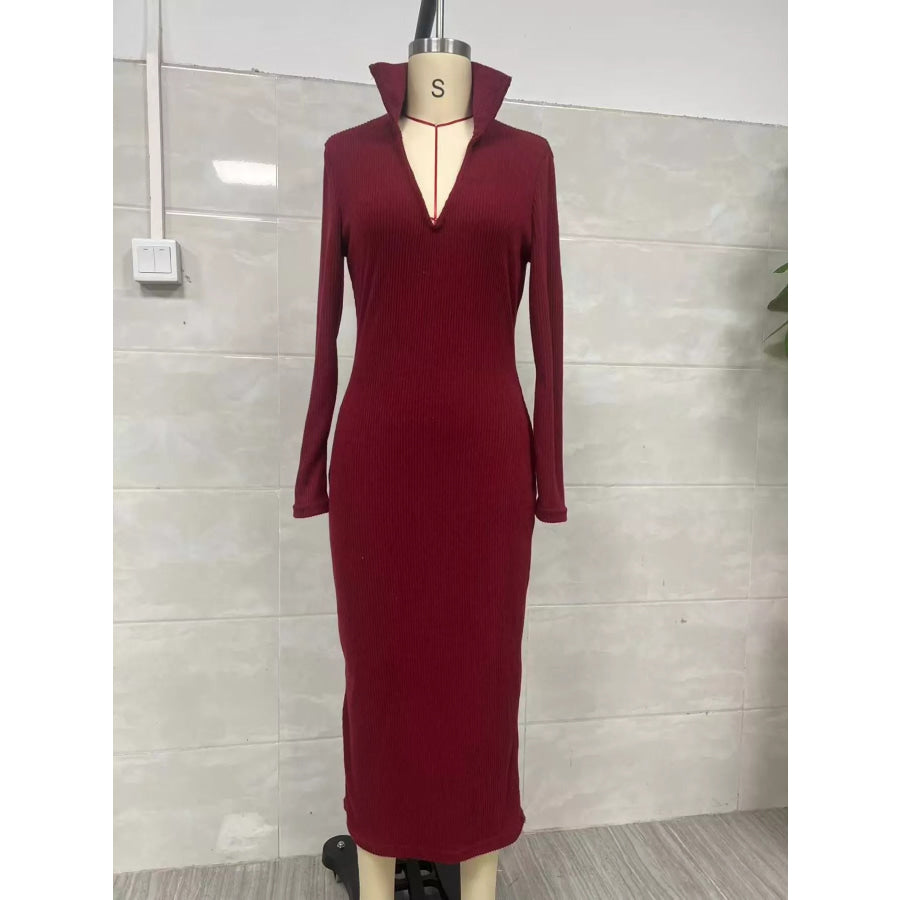 Ribbed Knit V-Neck Sweater Dress