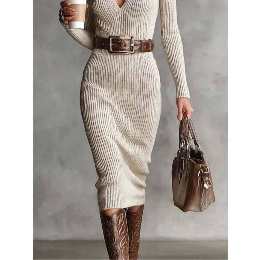 Ribbed Knit V-Neck Sweater Dress