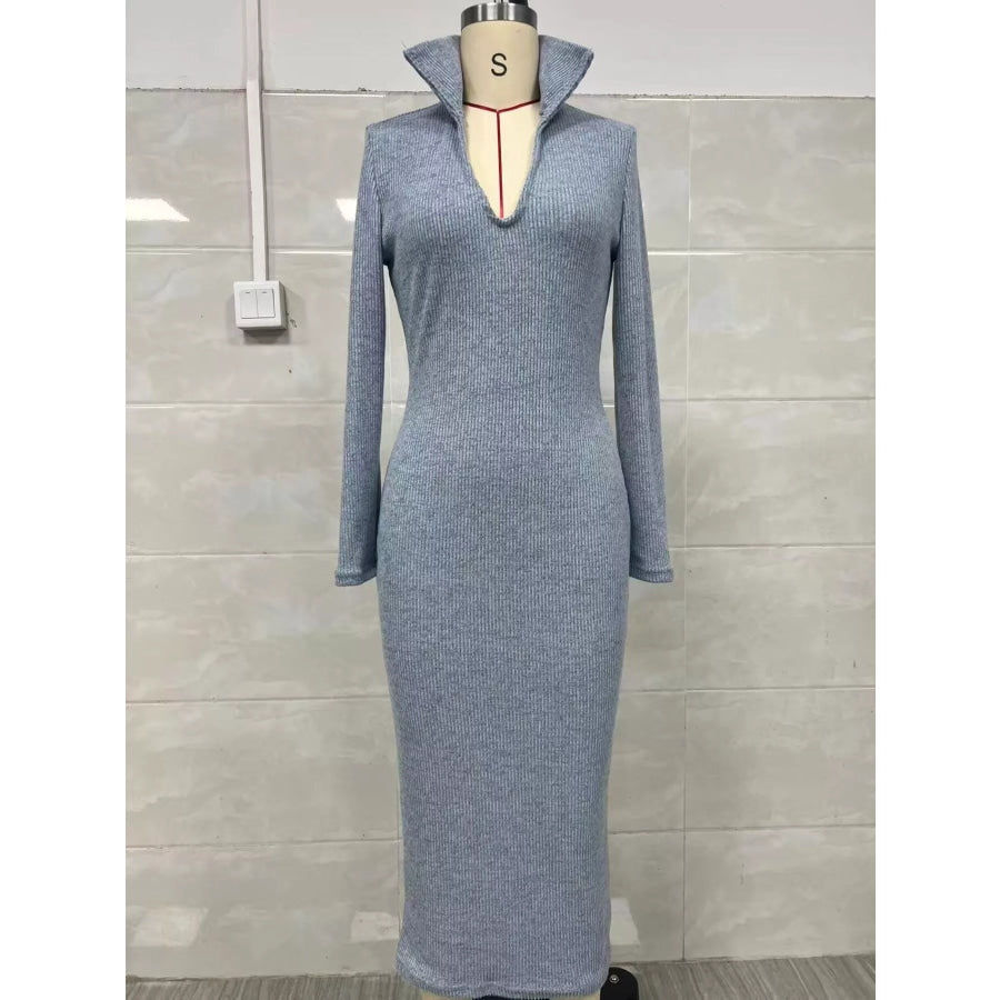 Ribbed Knit V-Neck Sweater Dress