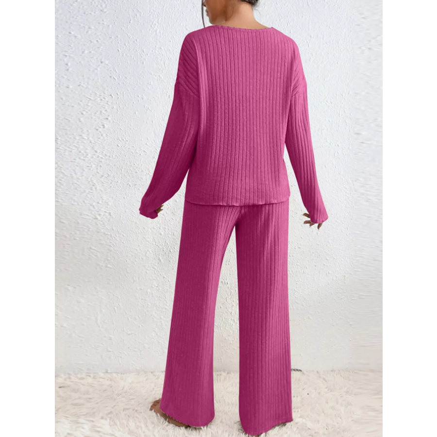 Ribbed Knit V-Neck Top and Pants Set Apparel and Accessories